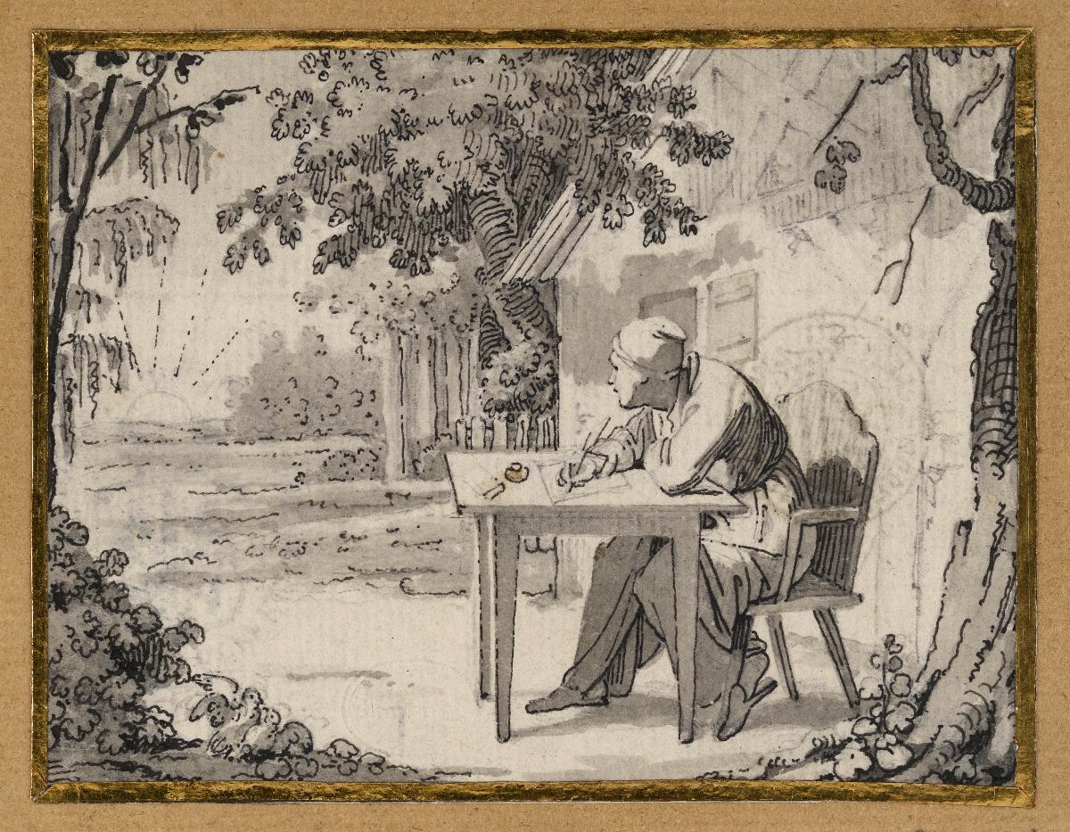 Ein schreibender Mann sitzt vor dem Hause. Links hinten geht die Sonne auf