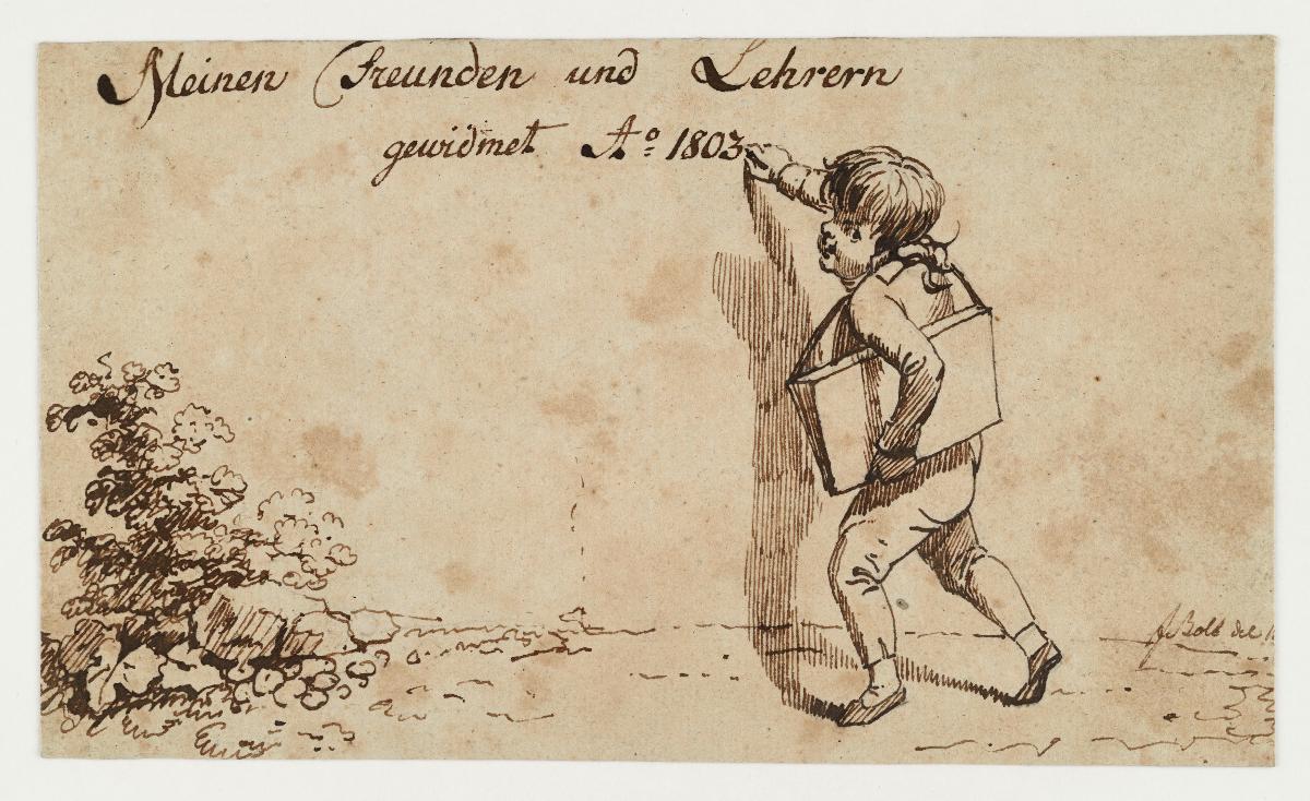 Glückwunschkarte zum Neuen Jahre. Ein Schulknabe kommt von rechts und schreibt an die Wand: Meinen Freunden und Lehrern gewidmet Ao 1803