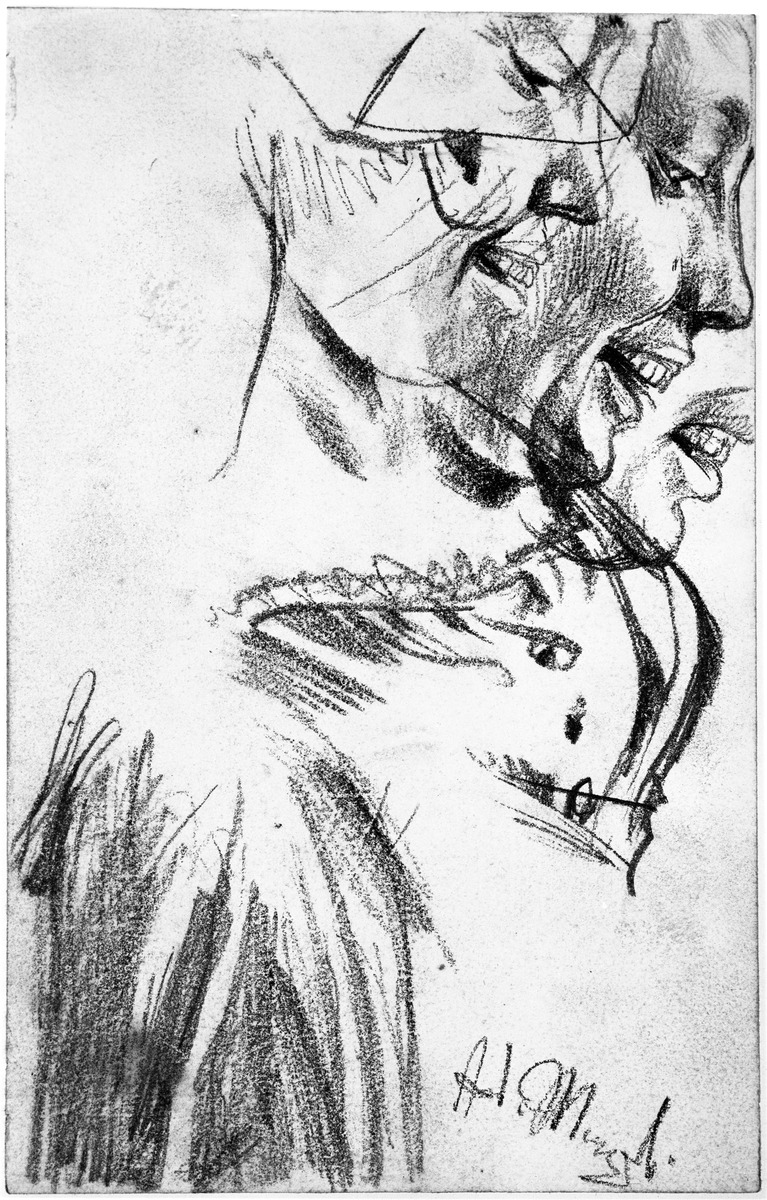 Heinrich von Kleist, Der zerbrochene Krug: Drei Profile eines lächelnden weiblichen Gesichts, Details und Gewandstudie
