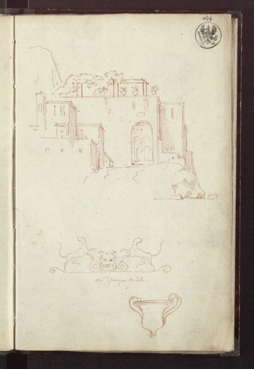Haus und Untermauerung eines Terrassengartens mit Lauben an einer Küste & Ornament: Silenkopf mit zwei kleinen Panthern & Ein Krater