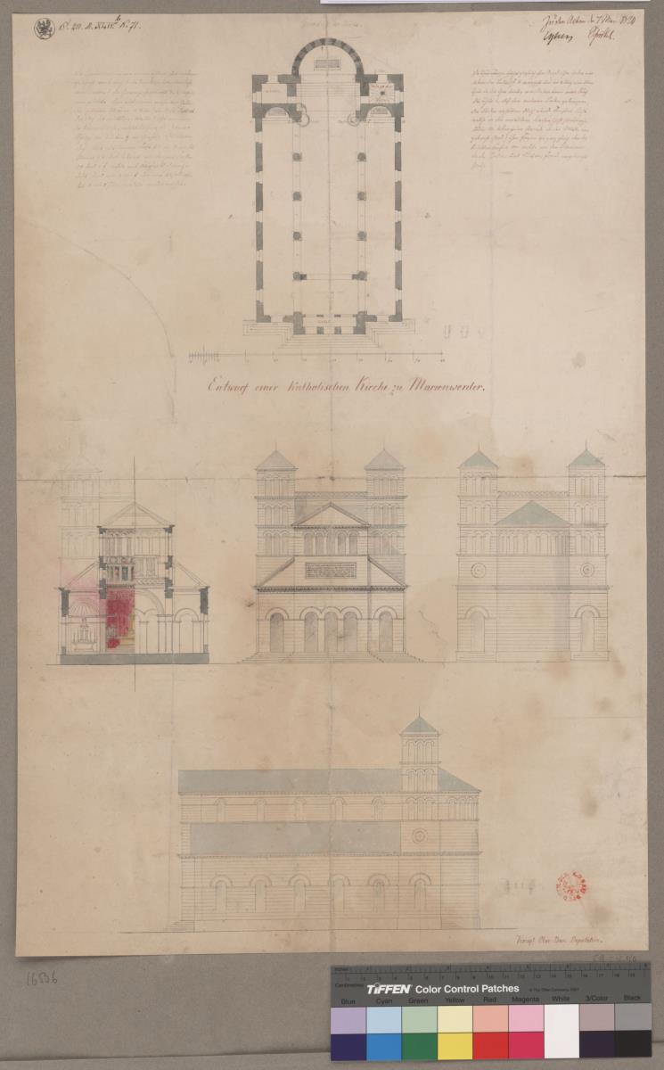 Marienwerder (Kwidzyn, Województwo Kujawsko-Pomorskie). Entwurf zur katholische Kirche. Grundriss, Schnitte und Ansichten