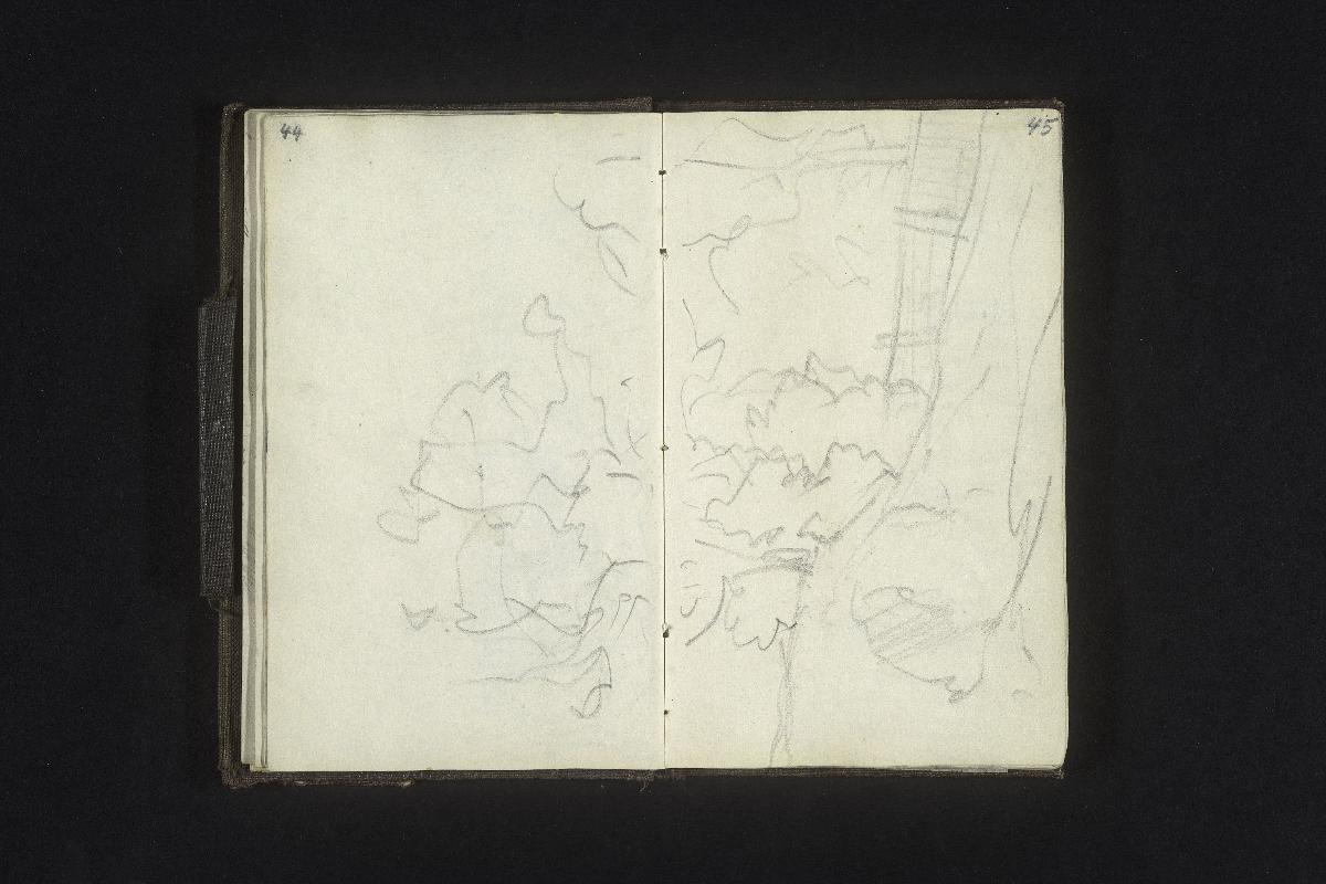 Flüchtige Landschaftsstudie mit Bogenbrücke, großem Baum und Zaum