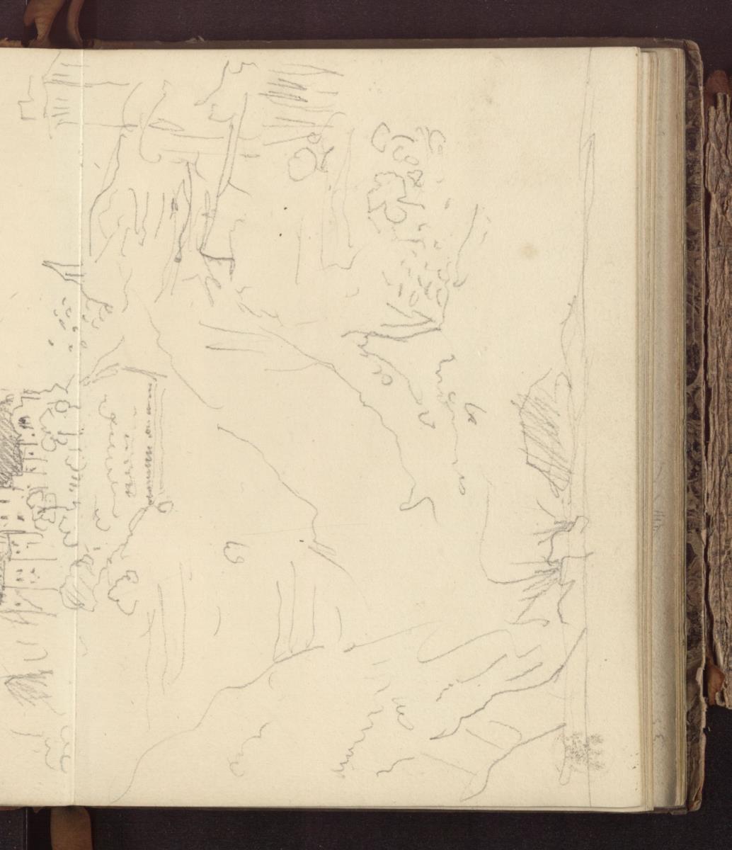Felslandschaft mit einer Gebäudegruppe vor Altrani bei Amalfi