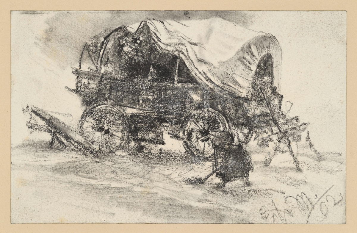 Planwagen, davor eine schaufelnde Frau