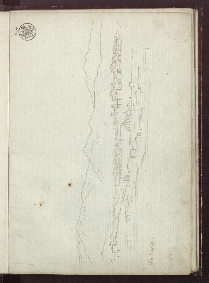 Blick vom Gianicolo nach Nordosten über Rom mit der Villa Borghese und dem Sabiner Gebirge im Hintergrund