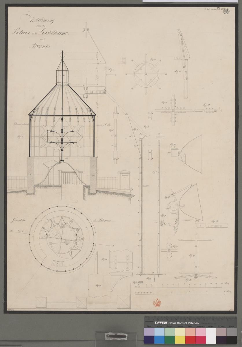 Rügen. Leuchtturm am Kap Arkona. Grundriss, Querschnitt und Verbindungskonstruktionen der Laterne