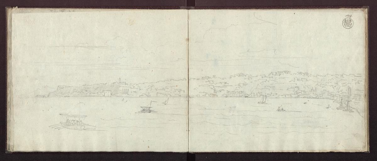 Teil einer Küste, wohl von Istrien / Blick über den Golf von Neapel auf den Posillipo vom Wasser aus