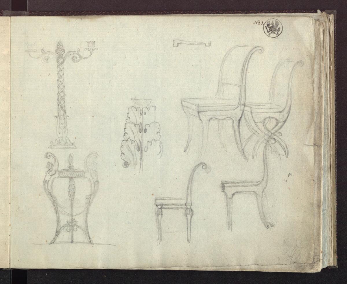 Vier Stühle & Ein Rauchgefäß & Ein Leuchter & Ein Akanthusblatt