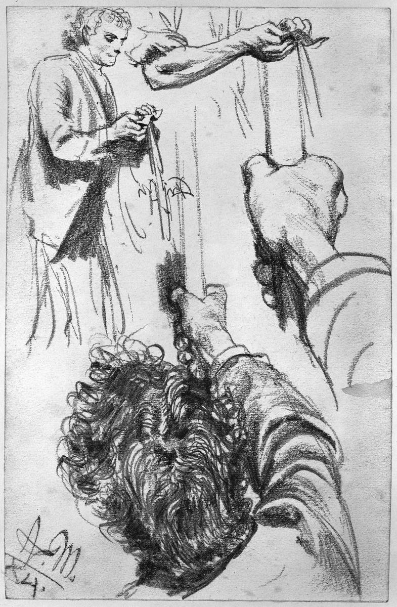 Mann einen Zettel auf eine Lanzenspitze steckend, der Arm wiederholt, Kopf und Stange haltender Arm, der Arm wiederholt