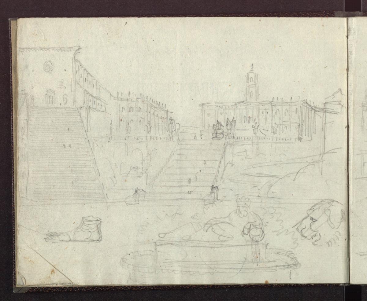 Santa Maria in Aracoeli und das Kapitol in Rom & Eine lagernde Flussgottheit & Fußfragment von einer Skulptur & Ein Löwenkopf