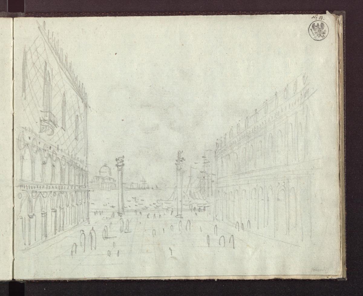 Die Piazetta in Venedig mit Blick auf die Lagune und San Giorgio Maggiore