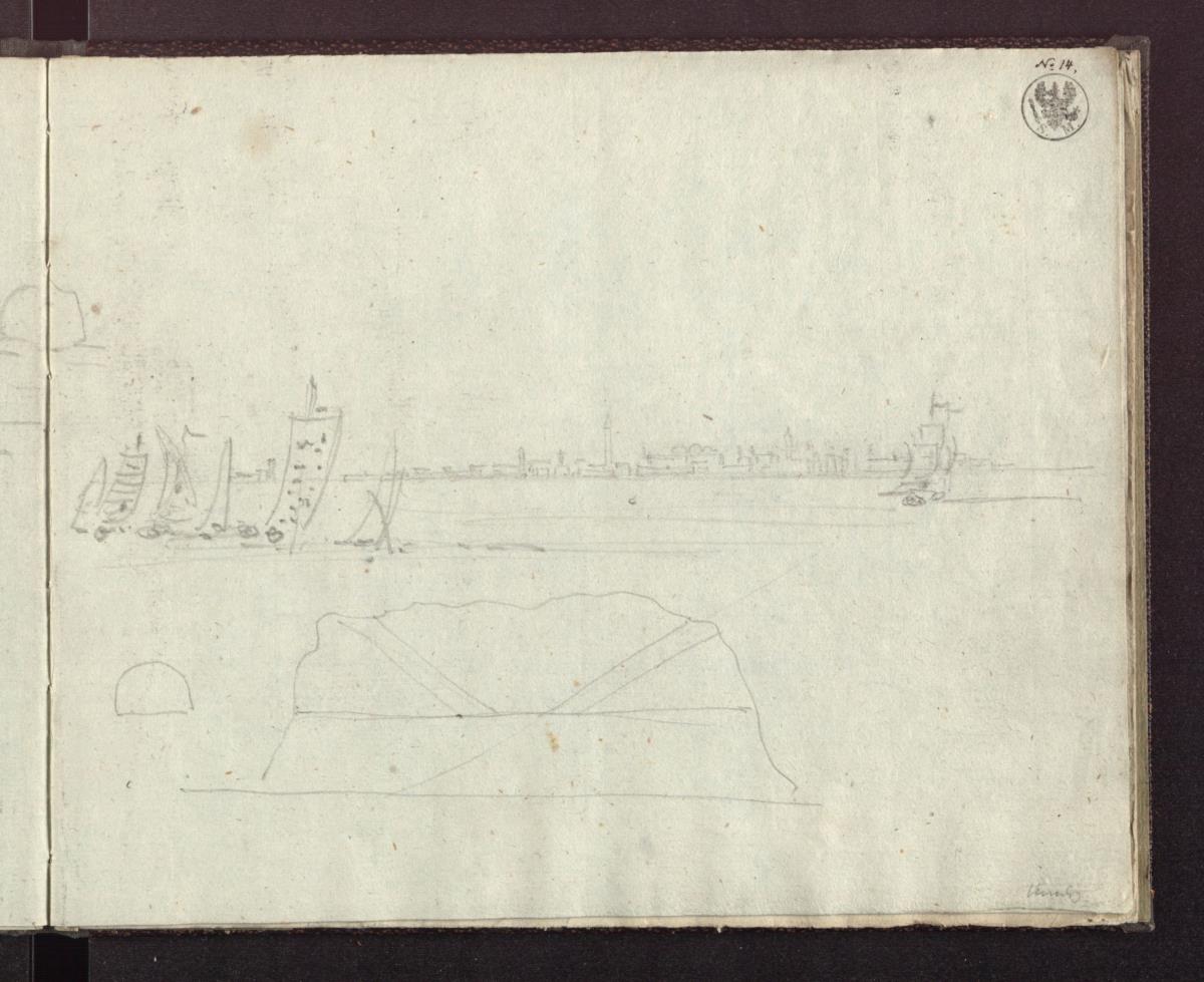Blick über die Lagune auf Venedig & Ungedeutete Skizze