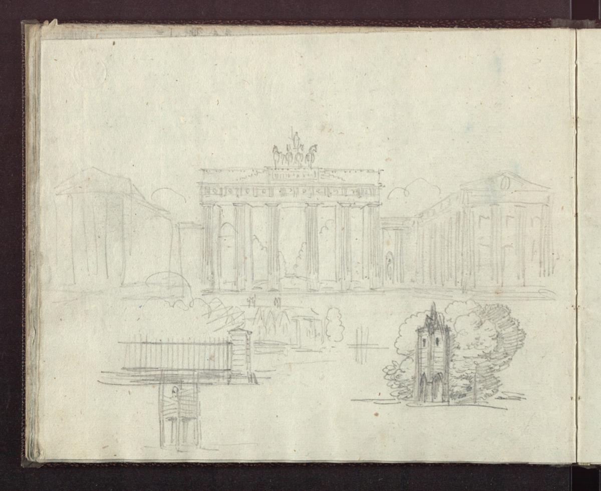 Berlin. Das Brandenburger Tor & Teil eines Gitters mit Torpfeiler & Ein gotischer Turm, wohl in einem Park