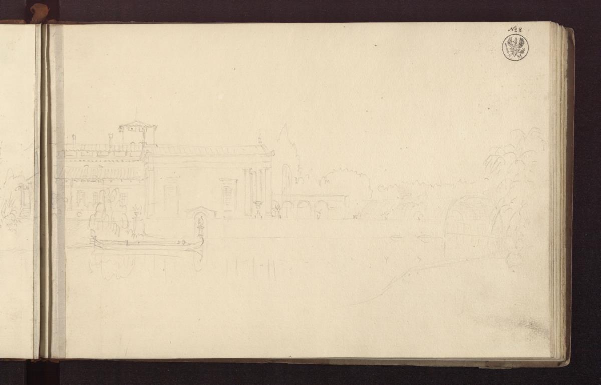 Potsdam-Sanssouci. Römische Bäder bei Schloss Charlottenhof, Gärtnerhaus und Pavillon
