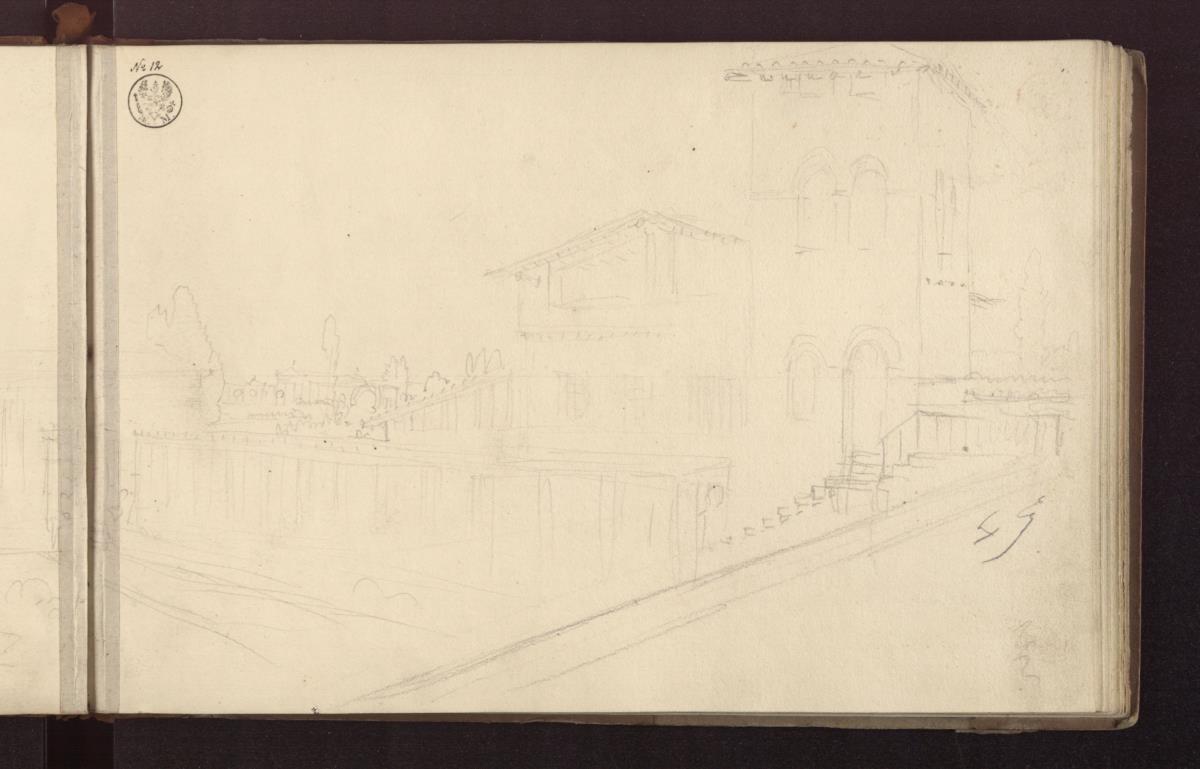 Potsdam-Sanssouci. Römische Bäder bei Schloss Charlottenhof. Blick auf das Gärtnerhaus und den Pavillon am See
