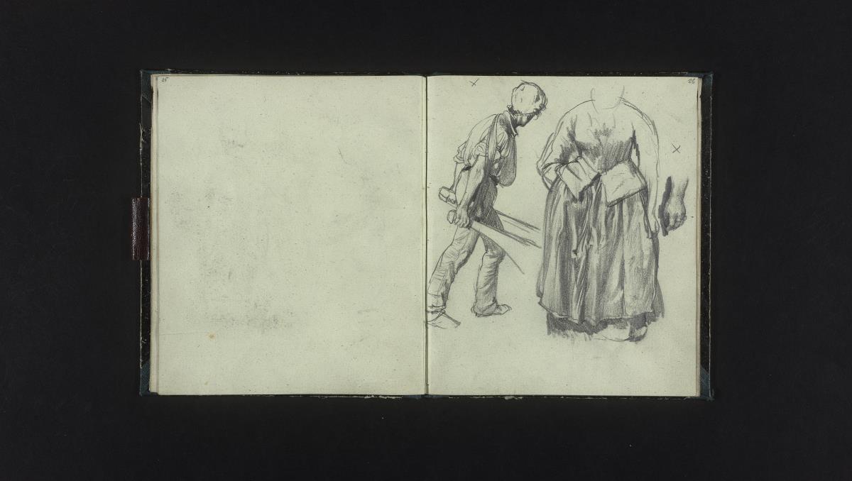 Mann mit Schubkarre, weibliche Figur von vorn, deren Arm wiederholt