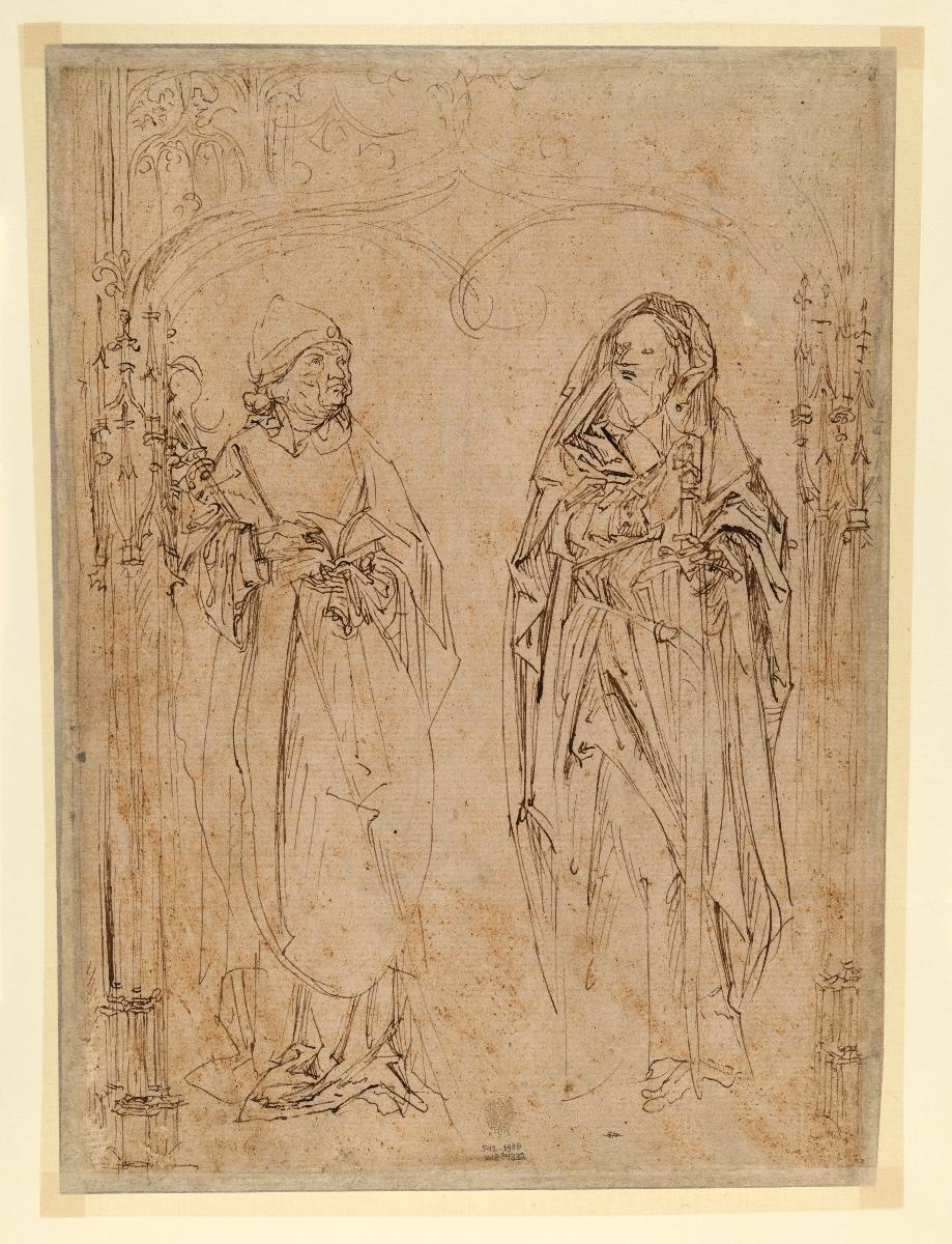 Antonius und Paulus unter einem gotischen Bogen stehend