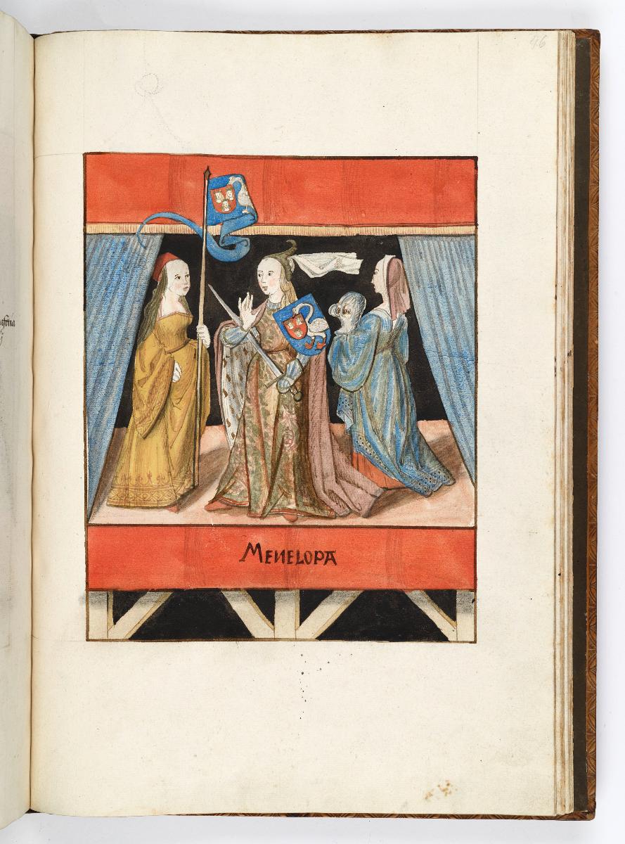Einzug der Johanna von Kastilien in Brüssel am 9. Dezember 1496: Lebende Bilder: Menelope mit zwei Frauen, die ihr Helm und Lanze halten