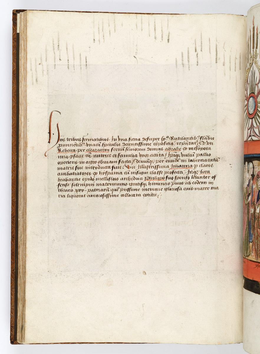 Einzug der Johanna von Kastilien in Brüssel am 9. Dezember 1496: Lebende Bilder: Kommentar zu Dreiteilige Bühne, links und rechts Isaak mit Rebekka, in der Mitte Abraham und Elieser, darüber in einem vierten Bild die Hl. Dreifaltigkeit