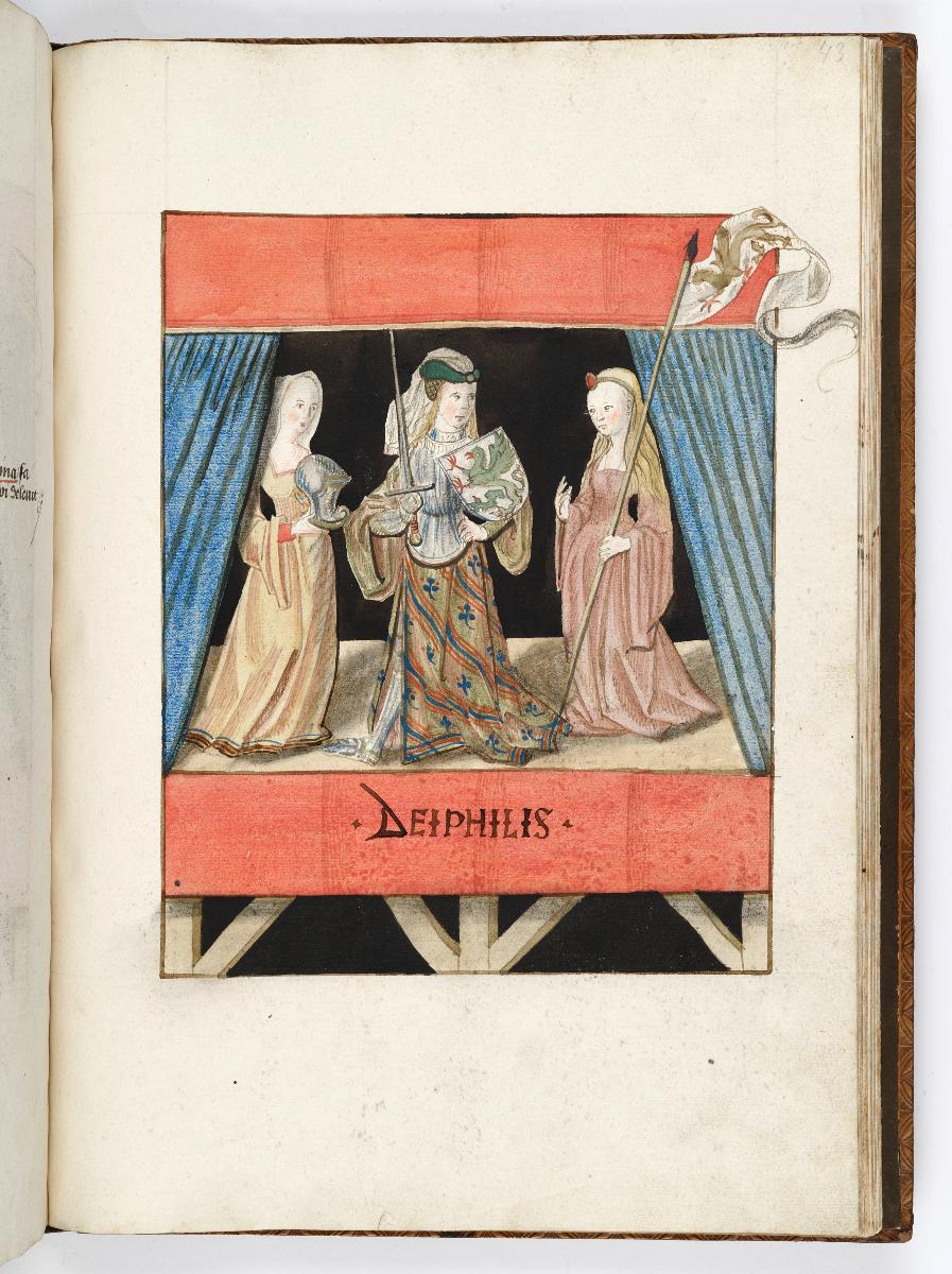 Einzug der Johanna von Kastilien in Brüssel am 9. Dezember 1496: Lebende Bilder: Deiphilis, die mit ihrer Schwester Argine Theben zerstörte, wird wird von zwei Frauen mit Helm und Lanze bewaffnet