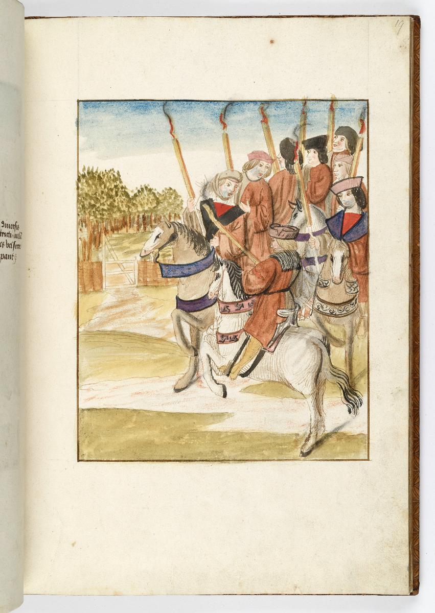 Einzug der Johanna von Kastilien in Brüssel am 9. Dezember 1496: Acht Famuli mit Fackeln zu Pferd