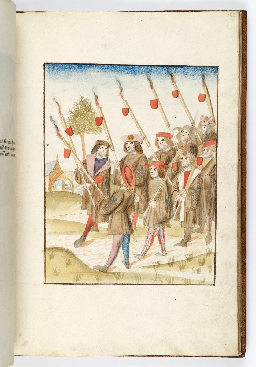 Einzug der Johanna von Kastilien in Brüssel am 9. Dezember 1496: Zwei Reihen braun gekleideter Fackelträger der St. Georgsgilde