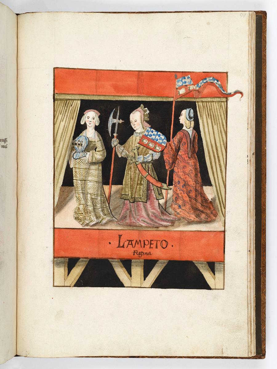 Einzug der Johanna von Kastilien in Brüssel am 9. Dezember 1496: Lebende Bilder: Lampeto regina mit zwei Frauen, die ihr Helm und Lanze halten