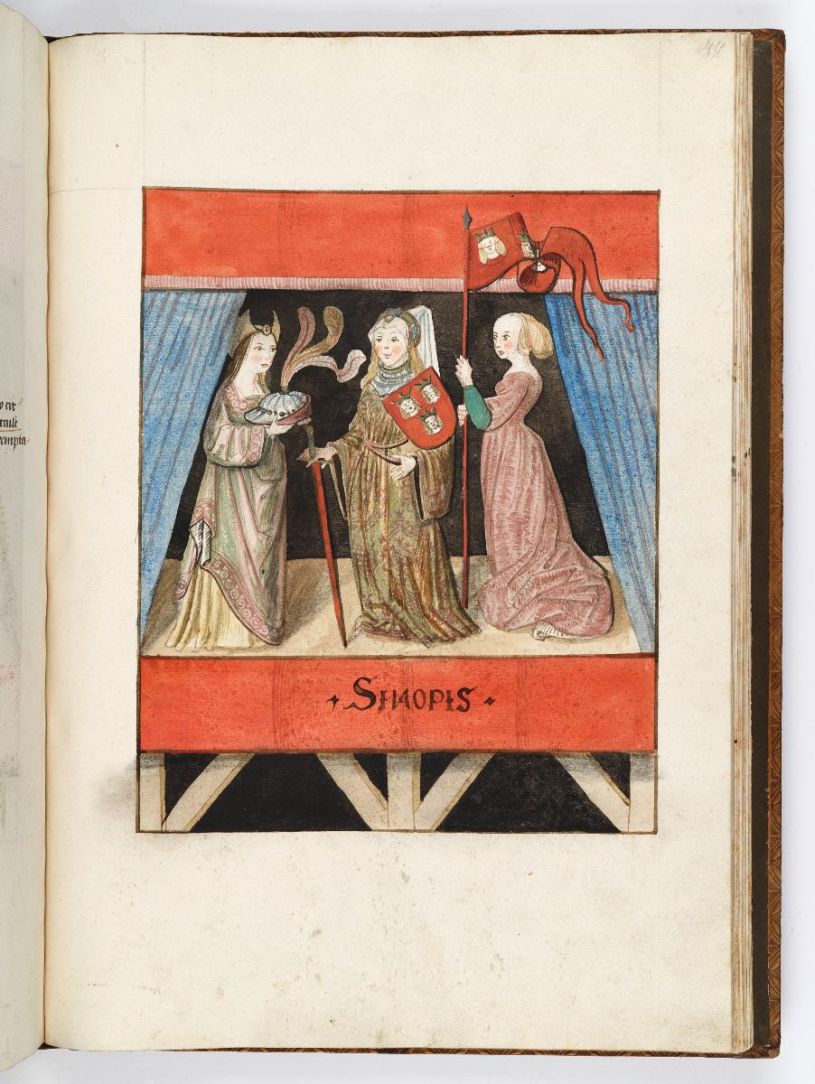 Einzug der Johanna von Kastilien in Brüssel am 9. Dezember 1496: Lebende Bilder: SSinopis, die Herkules bekämpfte, mit zwei Frauen, die ihr Helm und Lanze halten