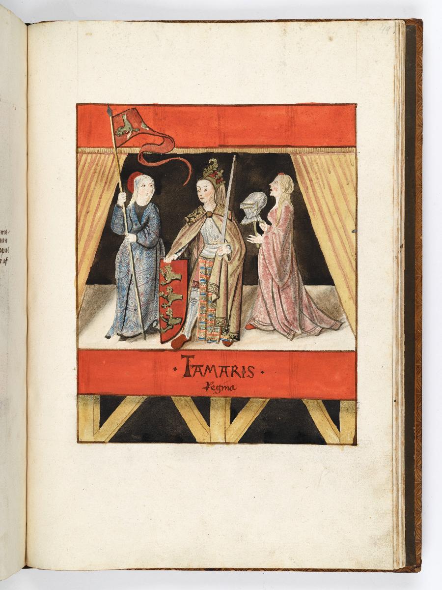Einzug der Johanna von Kastilien in Brüssel am 9. Dezember 1496: Lebende Bilder: Tamaris regina mit zwei Frauen, die ihr Helm und Lanze halten