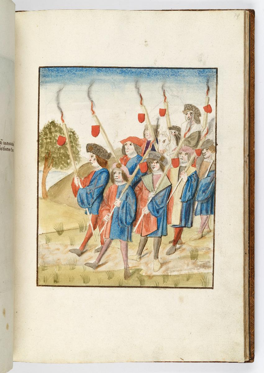 Einzug der Johanna von Kastilien in Brüssel am 9. Dezember 1496: Zwei Reihen rot und blau gekleideter Fackelträger