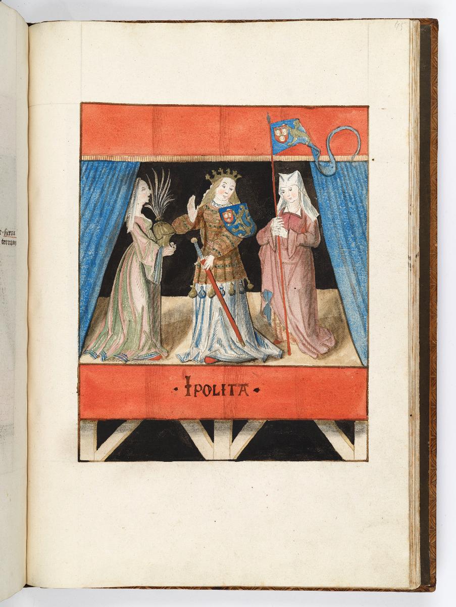 Einzug der Johanna von Kastilien in Brüssel am 9. Dezember 1496: Lebende Bilder: Hippolita mit zwei Frauen, die ihr Helm und Lanze halten