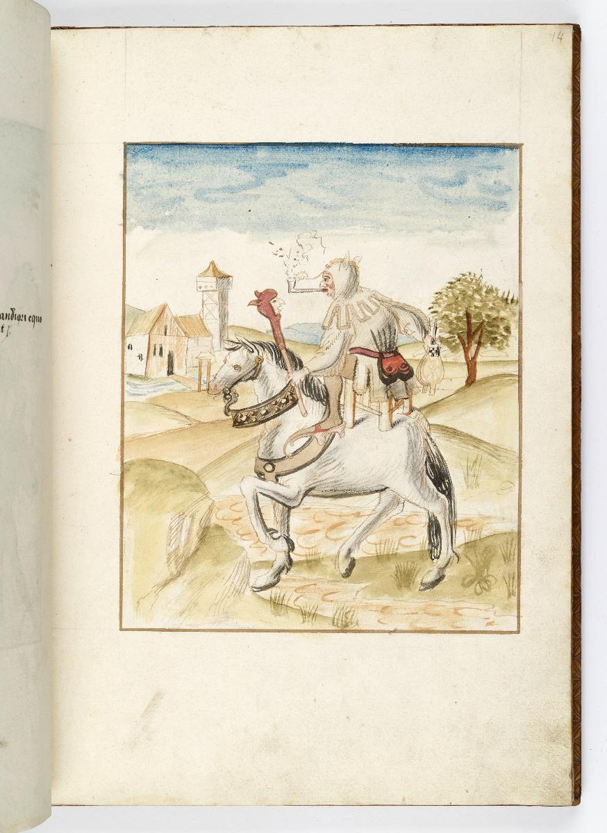 Einzug der Johanna von Kastilien in Brüssel am 9. Dezember 1496: Narr mit Narrenszepter und Blasebalg reitet auf einem Stuhl auf dem Rücken eines Schimmels. Im Hintergrund ein Schloss