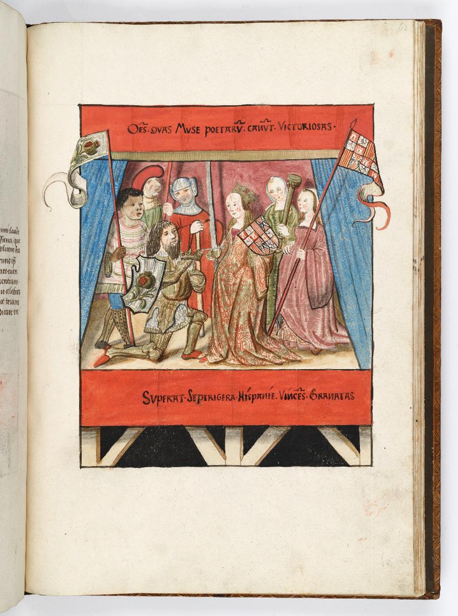 Einzug der Johanna von Kastilien in Brüssel am 9. Dezember 1496: Lebende Bilder: Erzherzog Philipp kniet vor Johanna und hält seine Krone in Händen. Hinter ihnen ein Bannerträger und eine Bannerträgerin nebst Gefolge