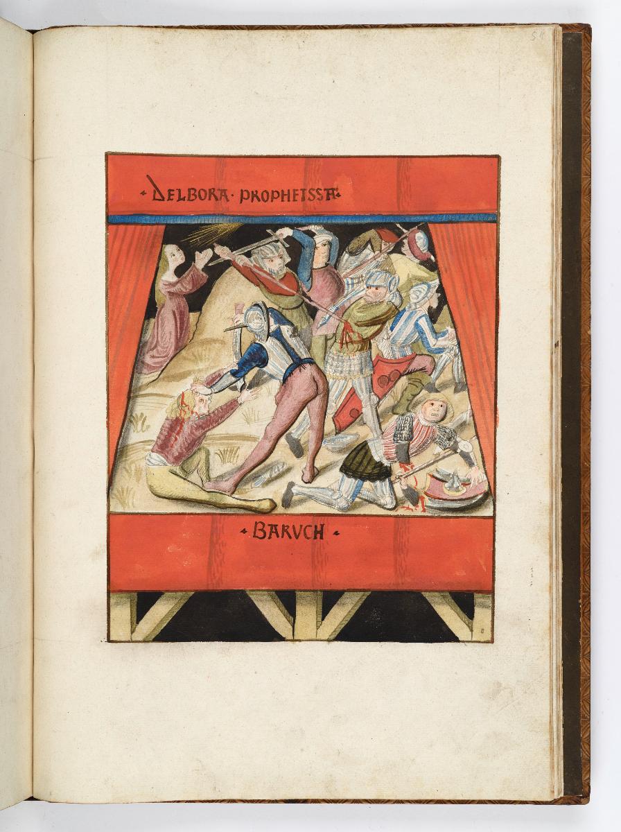 Einzug der Johanna von Kastilien in Brüssel am 9. Dezember 1496: Lebende Bilder: Deborah kniet hinter einem Hügel mit betend erhobenen Händen, während Baruch mit seinen Kriegern den Feind erschlägt