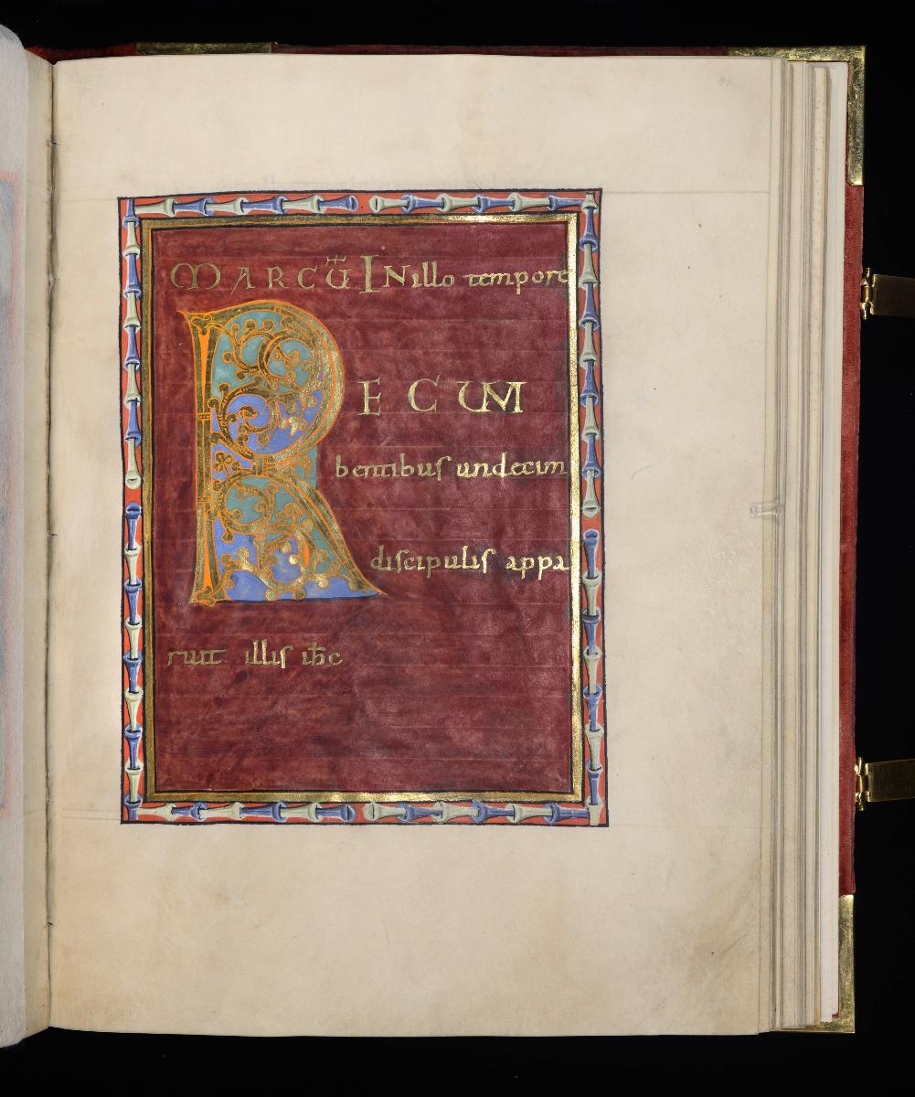 Evangelistar Heinrichs IV. (?), Zierseite zu Markus 16,14 mit Initiale R