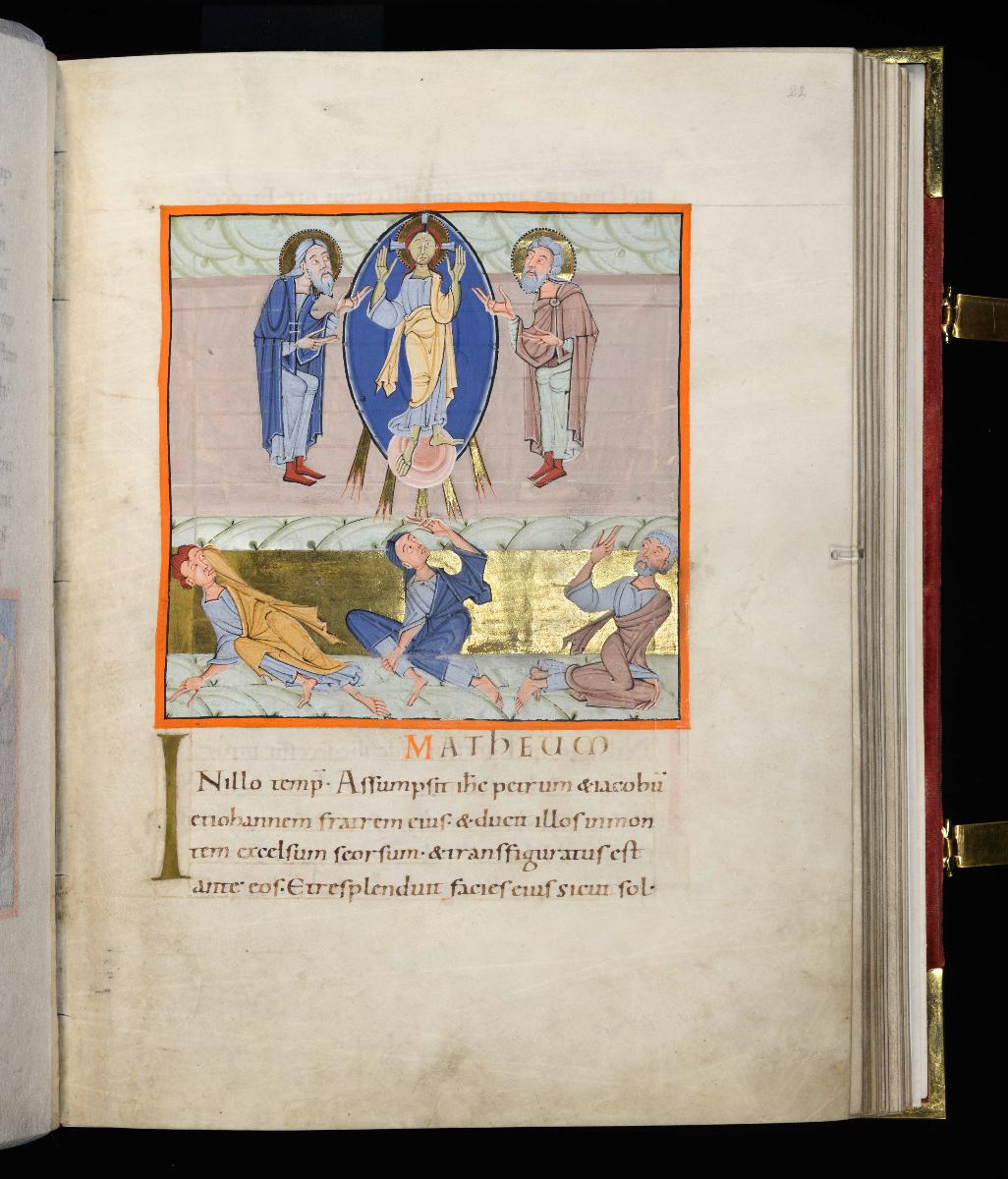 Evangelistar Heinrichs IV. (?), Die Verklärung. Zwischen Moses und Elias Christus in der Mandorla, darunter die drei hingestürzten Jünger