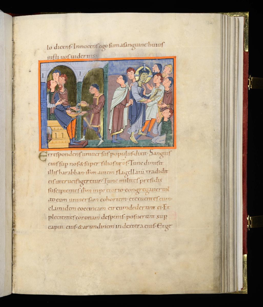 Evangelistar Heinrichs IV. (?), Handwaschung des Pilatus (dem ein Diener den Traum seiner Frau erzählt) und die Verspottung Christi, in einem Rahmen nebeneinander