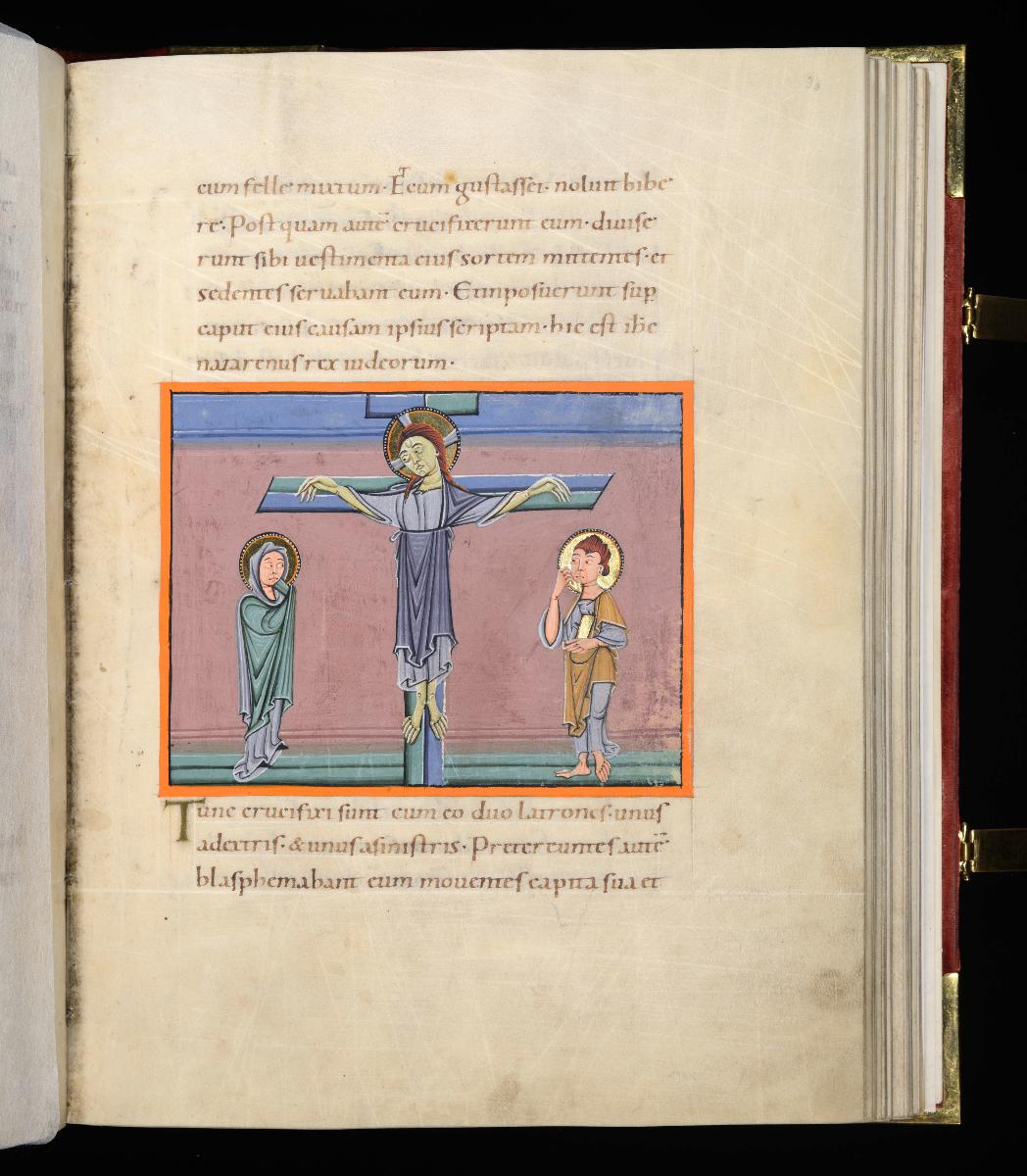 Evangelistar Heinrichs IV. (?), Christus (nach byzantinischer Tradition völlig bekleidet) am Kreuz zwischen Maria und Johannes