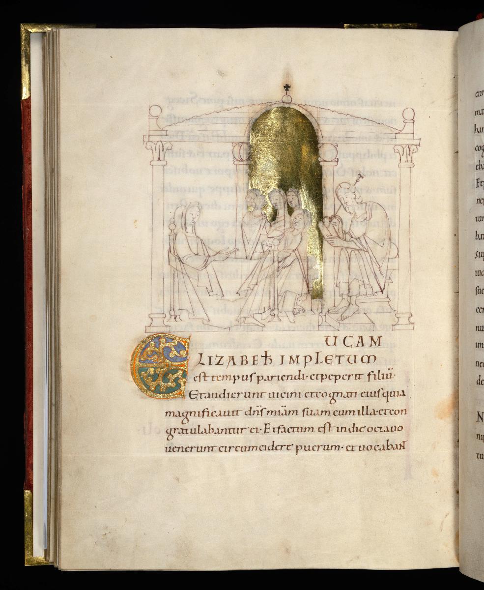 Evangelistar Heinrichs IV. (?), Die Geburt Johannes d. T., links das Lager der Elisabeth mit mehreren Frauen, rechts der schreibende Zacharias. Nicht ausgeführte, nur mit der Feder gezeichnete und mit Gold angelegte Darstellung