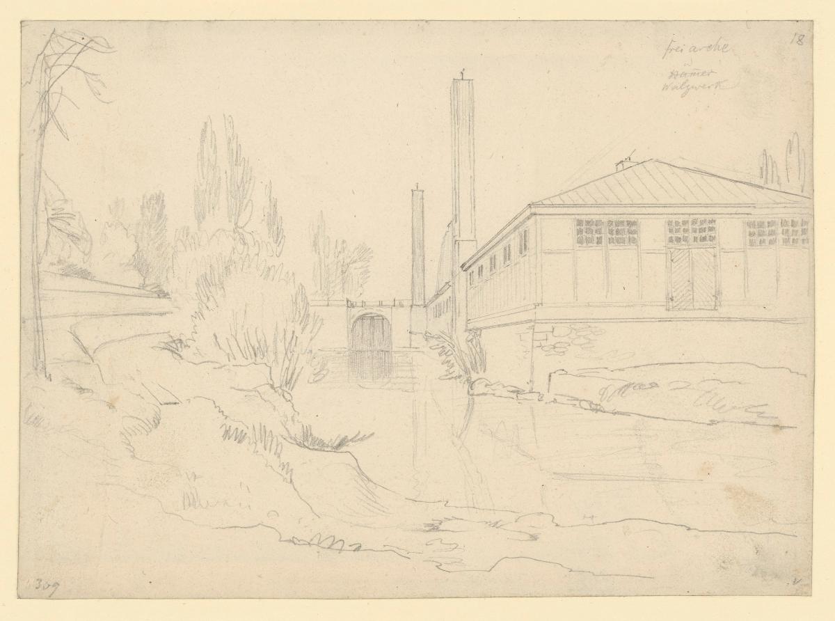 Walzwerk bei Eberswalde. Eisenspalterei: Blick auf Freiarche und Hüttengebäude von Osten