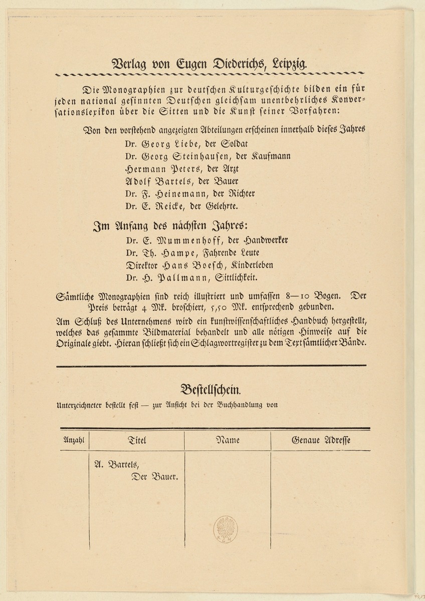 Prospekt mit Bestellschein zu Monographien zur deutschen Kulturgeschichte