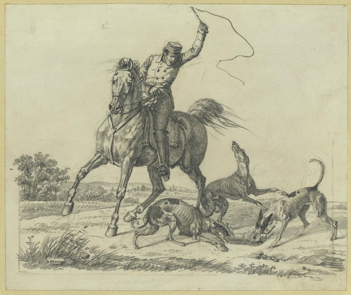 Reiter und vier Hunde, einen Hasen zerrend
