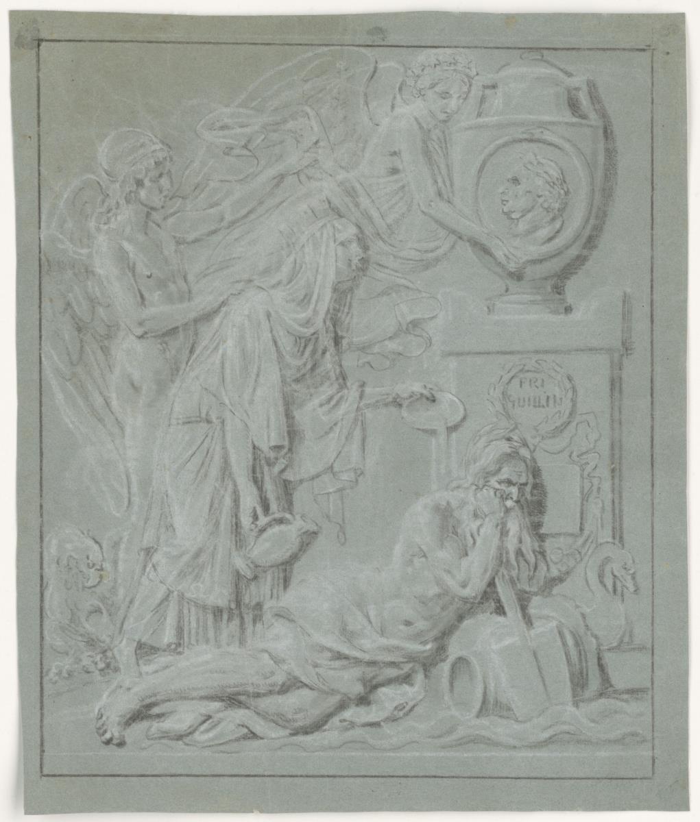 Allegorische Darstellung: Vase mit Bildnis Friedrich Wilhelm II wird von Genien auf ein Postament gesetzt, davor lagernder Flussgott