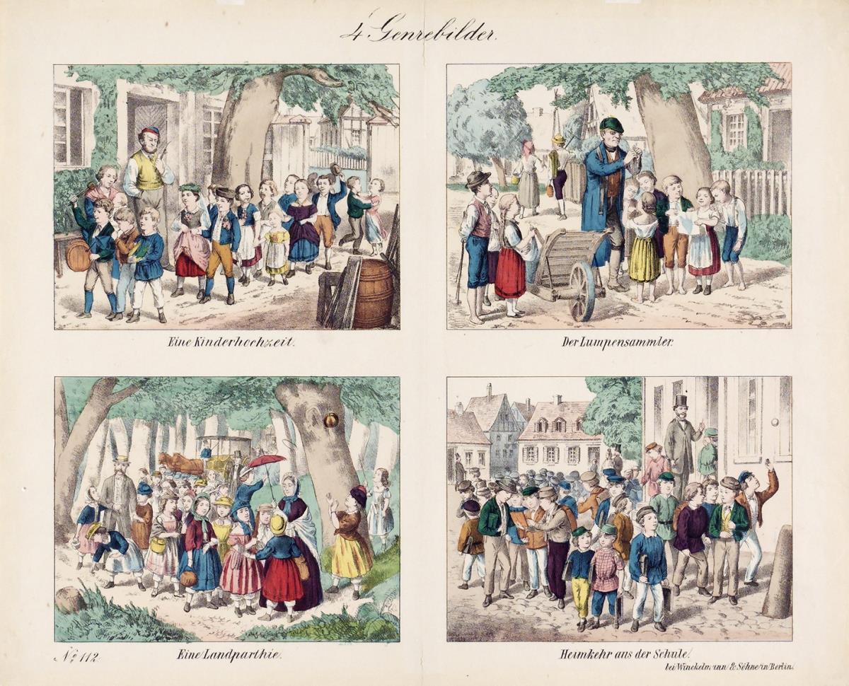 4 Genrebilder. Eine Kinderhochzeit. Der Lumpensammler. Eine Landparthie. Heimkehr aus der Schule.