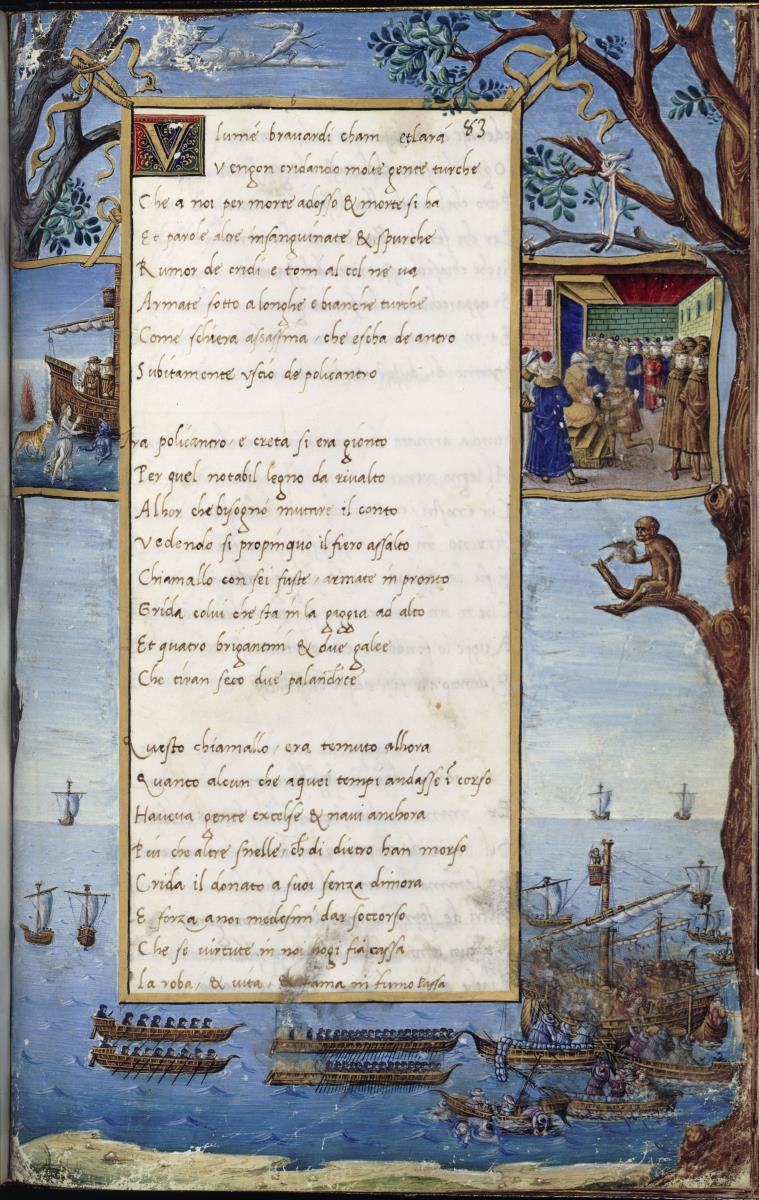 Gaspare Visconti, Romanzo di Paolo e Daria (Li due amanti Paolo e Daria): Texttafel mit goldenen Bändern an zwei Bäume gehängt, dahinter weite Meerlandschaft