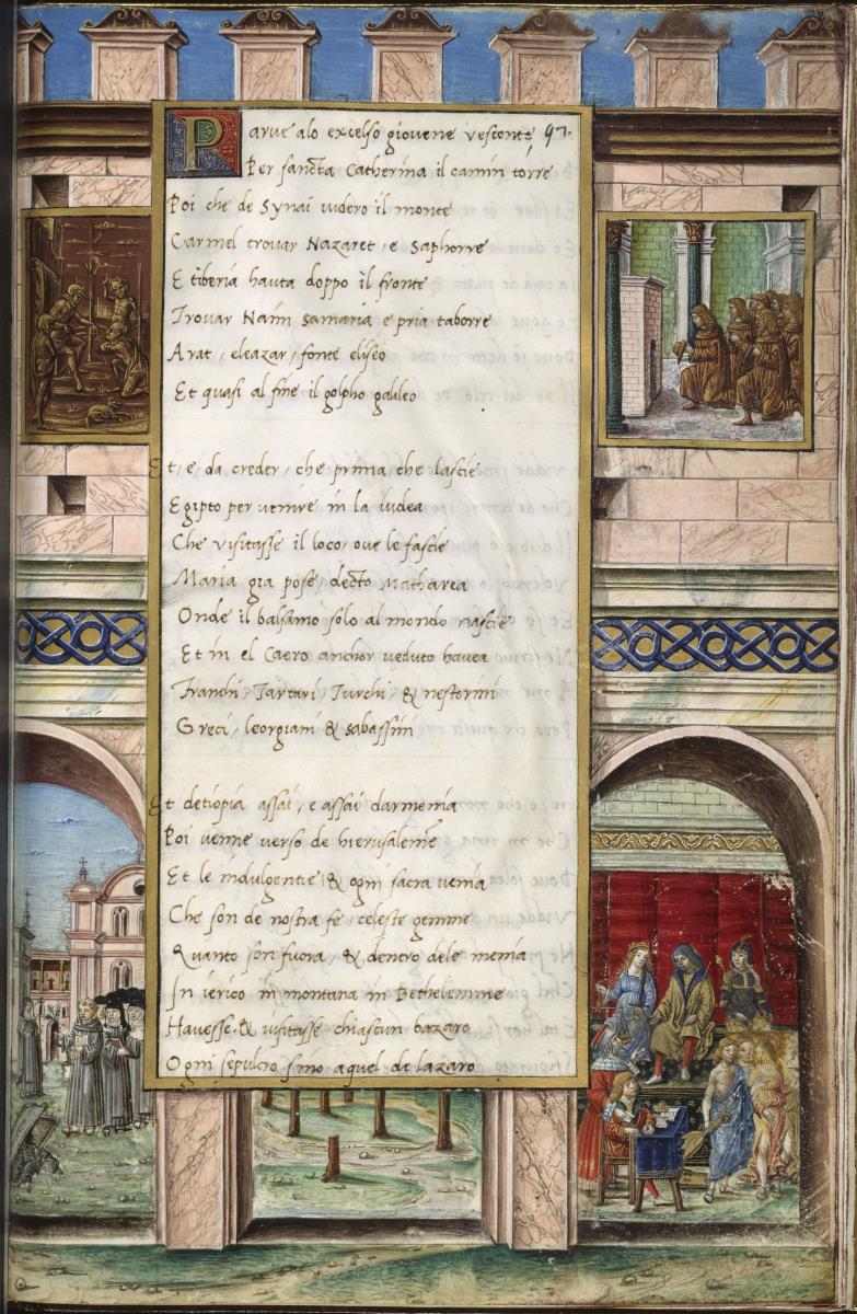 Gaspare Visconti, Romanzo di Paolo e Daria (Li due amanti Paolo e Daria): Architektonische Umrahnmung mit Zinnenkranz, zwei Szenen einschließend