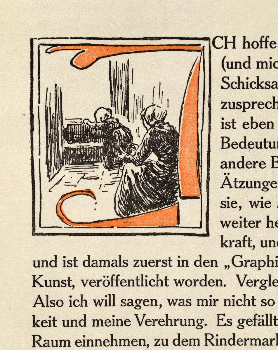 Initiale/ Buchstabe "I" in: Max Liebermann. Sieben Radierungen (S. 17, Anfang "Fünfter Brief")