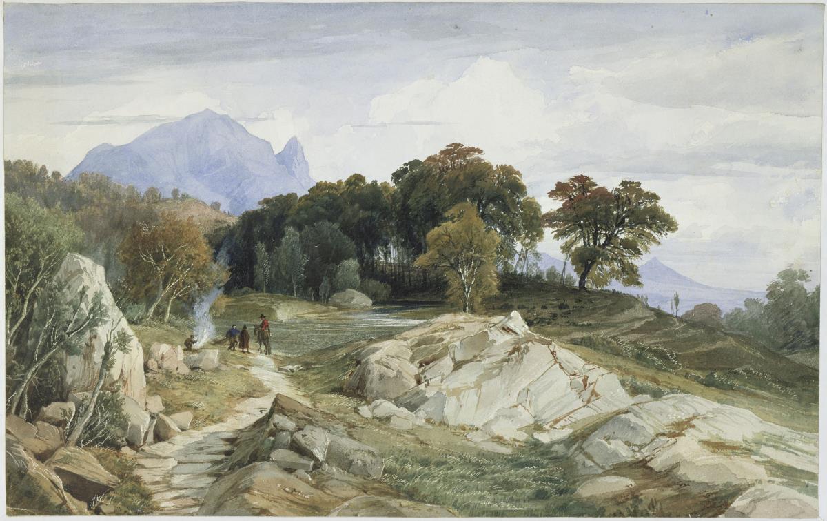 Italienische Wald- und Gebirgslandschaft, ein Reiter und drei Männer am Feuer