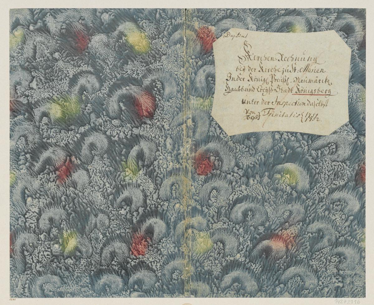 Mehrfarbig geädertes Kleisterpapier (Einband für eine Akte mit Etikett, 1751/1752)