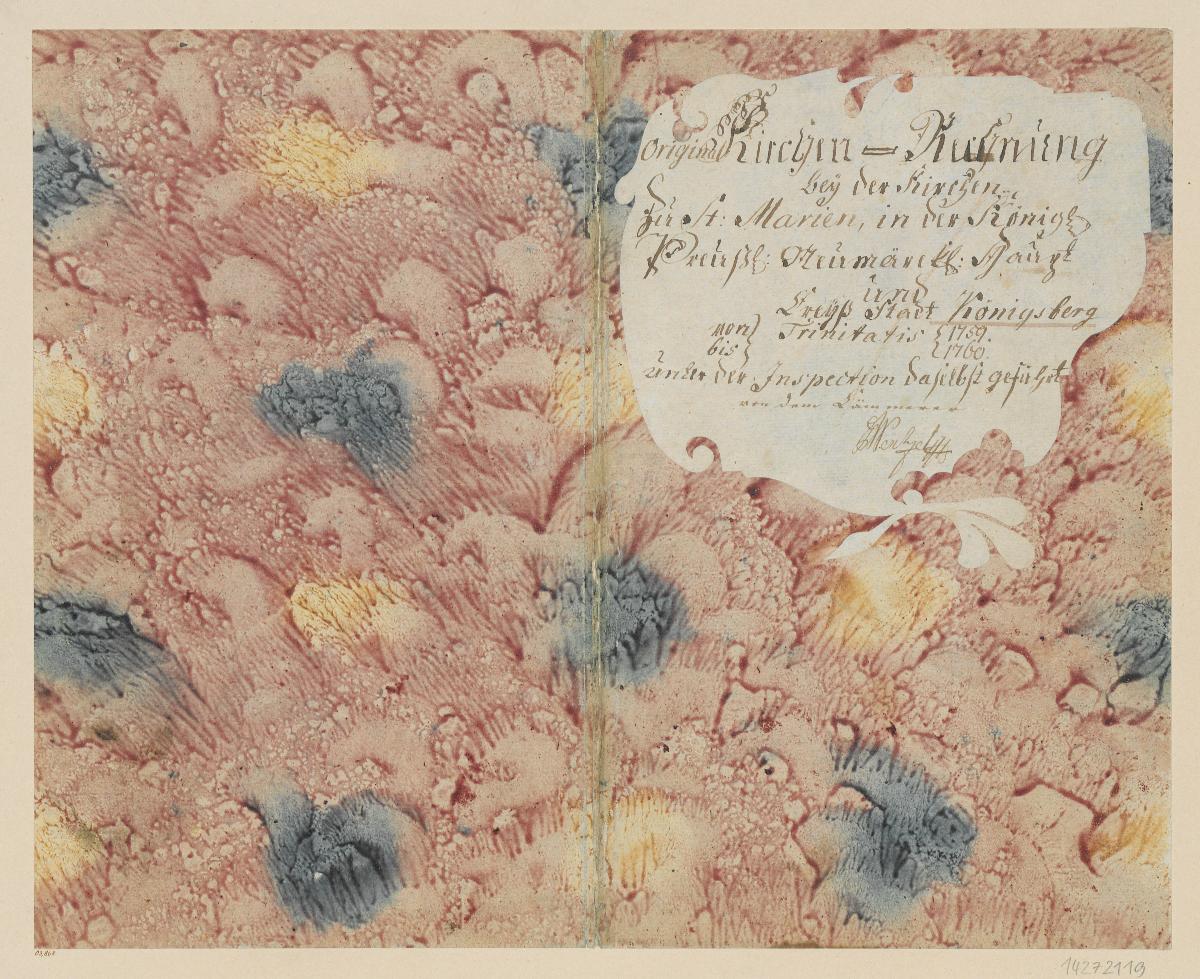 Mehrfarbig geädertes Kleisterpapier (Einband für eine Akte mit Etikett, 1759/1760)